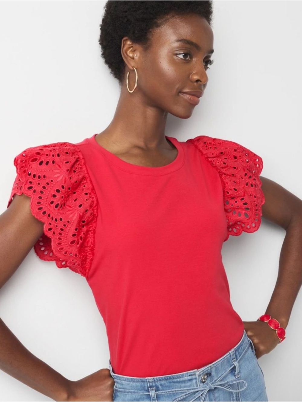 White House Black Market Red Eyelet Flutter Sleeve Tank